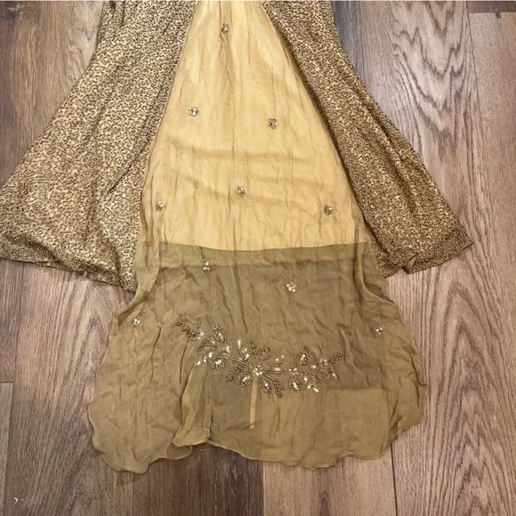 Vintage 100% Silk Beaded Dress Gold Beaded Dress Train Sheer Silk Fairy Prom - Picture 16 of 17